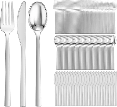 DaYammi 150 cubiertos de plástico plateado, cubiertos desechables plateados resistentes que incluyen: 50 tenedores de plástico, 50 cucharas de