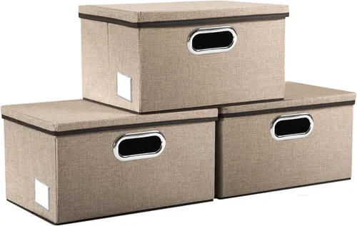 Miniatura 56 de PRANDOM Contenedor de almacenamiento plegable con tapa [1 unidad] Caja de almacenamiento decorativa de tela de lino, cesta organizadora con asas