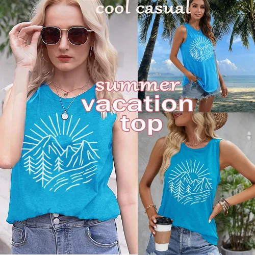 Miniatura 94 de Camisetas sin mangas de senderismo y montaña para mujer, divertidas camisetas de entrenamiento con gráficos de pino y amanecer, camisetas de verano
