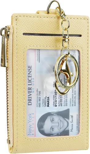 Miniatura 8 de Tarjetero de cuero para mujer, con bloqueo RFID, delgado y pequeño, con cremallera, llavero, bolsillo frontal, con 2 ventanas para identificación