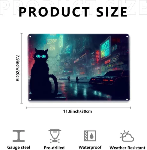 Miniatura 7 de AMOGHASIDDHI Cartel de metal con diseño de gato Cyberpunk de aluminio, póster de metal vintage de 8 x 12 pulgadas, letrero de pintura