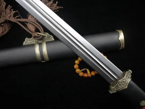 Miniatura 6 de Espada china/Tang jian/hoja de acero de Damasco/vaina de madera negra/accesorios de latón/espiga completa/longitud: 39 pulgadas