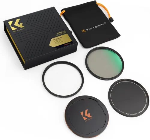 Miniatura 7 de K&F Concept Filtro de polarizadores circulares de 2.638 in y kit de filtro de protección UV MC (2 piezas) con tapa de lente hacia arriba y hacia