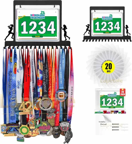 Miniatura 19 de Colgador de medallas para carreras, exhibición de medallas de maratón y colgador de medallas para corredores, exhibición de medallas con dorsal