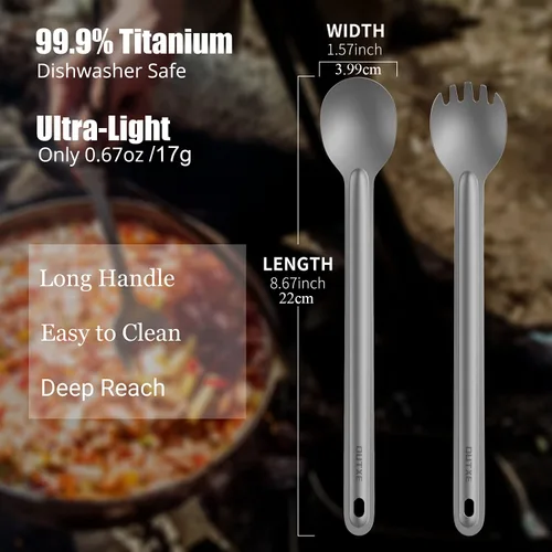 Miniatura 2 de OUTXE Spork y Cuchara de Mango Largo de Titanio, Juego de Camping de 8.7 Pulgadas
