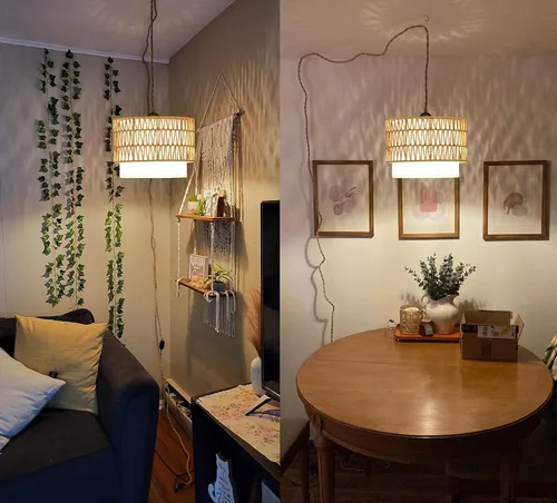 Miniatura 6 de Lámpara colgante bohemia de ratán con cable de enchufe, lámpara colgante de interior con interruptor de atenuación, pantalla de mimbre tejida