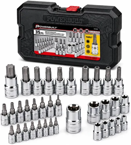 Powerbuilt Juego de 35 piezas de llaves maestras de brocas de 1/4, 3/8 y 1/2 pulgadas, kit de herramientas métricas y SAE, organizador Torx a prueba