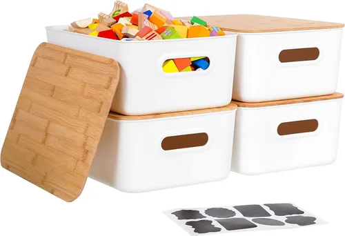 Miniatura 9 de Citylife - 2 contenedores de almacenamiento de plástico con tapas de bambú para organizar cajas de almacenamiento apilables con asa, 10.23 x 7.08 x