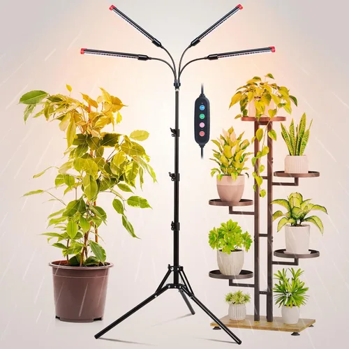 FRGROW Luz de crecimiento de 4 cabezales con soporte para plantas altas de interior, árbol bonsái, lámparas brillantes de espectro completo para