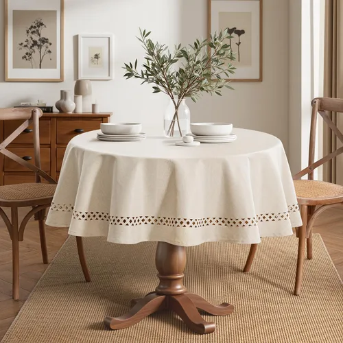 Miniatura 3 de MIULEE Mantel redondo de poliéster de lino beige con recortes decorativos, impermeable, resistente a las manchas y al encogimiento, 60 x 60