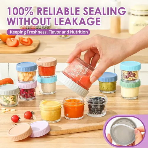 Miniatura 4 de DRKIO Paquete de 12 recipientes de vidrio para almacenamiento de alimentos para bebés, tarros de comida para bebés de 4 onzas con tapas, para 4 Oz
