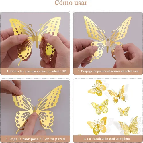 Miniatura 6 de SAOROPEB Decoración de pared de mariposa 3D, 48 piezas, 4 estilos, 3 tamaños, decoraciones de mariposa dorada para celebraciones de cumpleaños