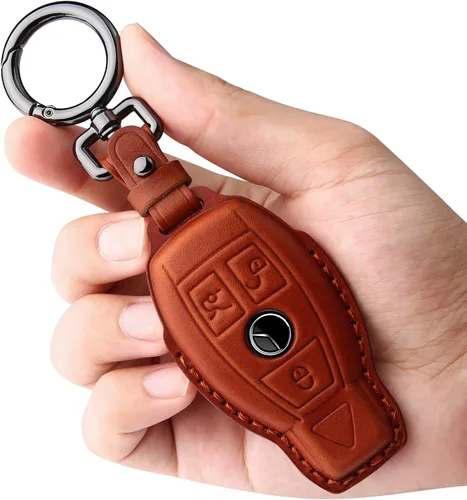 Miniatura 8 de Tukellen Funda para llavero Mercedes Benz de piel auténtica con llavero, protector de cuero compatible con C E M S CLS CLK GLK GLC G AMG Series Negro