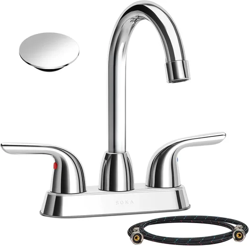 Miniatura 11 de SOKA Grifo dorado para lavabo de baño con cascada, grifo de lavabo de un solo orificio con drenaje emergente, grifo moderno para fregadero de tocador