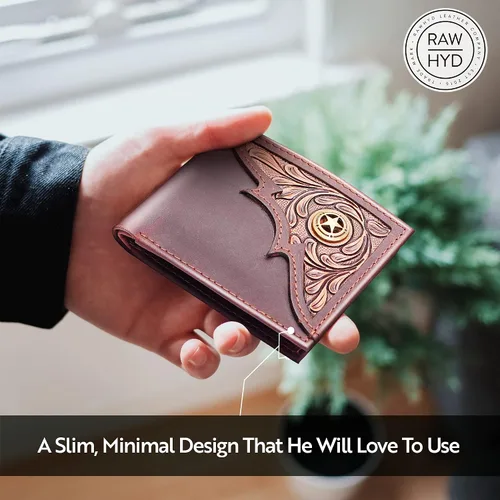 Miniatura 5 de RAW HYD Billeteras occidentales para hombre Cartera con bloqueo RFID Cartera occidental para hombre con concho Grano completo, carteras vaqueras