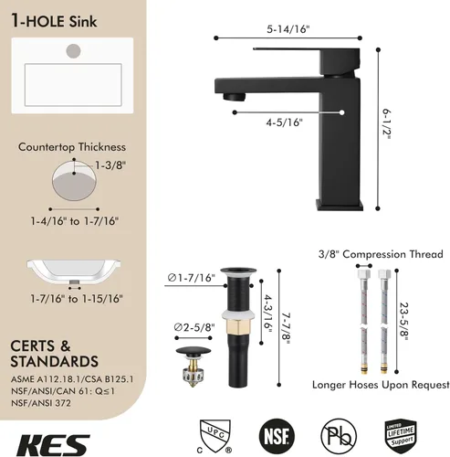 Miniatura 9 de KES Grifo de baño negro y desagüe de lavabo sin desbordamiento, grifo de un solo mango con tapón de drenaje emergente de acero inoxidable negro