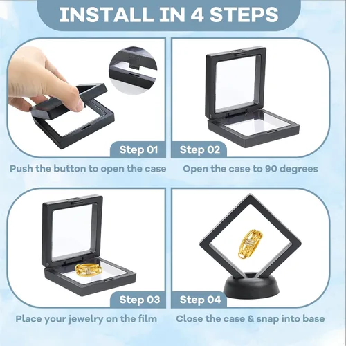 Miniatura 5 de 12 piezas de vitrina flotante 3D de 2.7 pulgadas, color negro, caja de almacenamiento de joyería de película transparente, soporte de marco