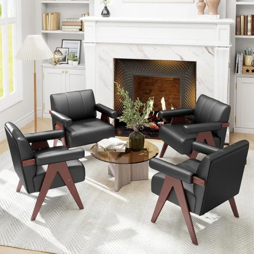 Miniatura 8 de STHOUYN Sillas decorativas de cuero negro, silla moderna de mediados de siglo, sillas con brazos laterales para sala de estar, sillas de oficina