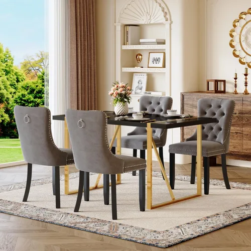 Miniatura 18 de Juego de mesa de comedor negra para 4, parte superior negra brillante de 55 pulgadas con patas de metal dorado, juego de mesa de comedor moderno