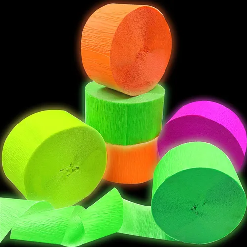 Decoración de serpentina de fiesta de luz negra de 420 pies, 4 rollos de papel crepé brillante, fluorescente, reactivo a los rayos UV, suministros