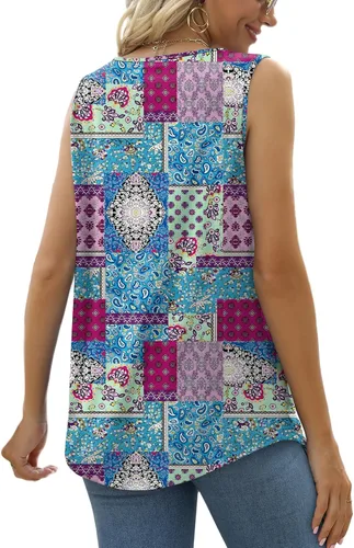 Miniatura 48 de Saloogoe - Camisetas sin mangas veraniegas para mujeres, plisadas con cuello cuadrado y dobladillo curvado, blusas de ajuste holgado con movimiento