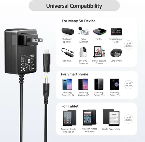 Miniatura 7 de Fuente de alimentación universal de 5 V, 2 A, 1 A, adaptador de CA universal, DC 5 voltios, 1.5 A, 1.2 A, 0.5 A, cable de alimentación de repuesto