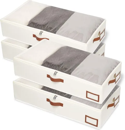 Miniatura 10 de Yawinhe Almacenamiento debajo de la cama, paquete de 2 organizadores de armario, bolsas plegables para contenedores, con ranura para tarjeta de Beige