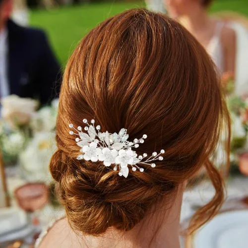 Miniatura 3 de Catery Peine de pelo nupcial de flores Clip de pelo de boda Rhinestone Accesorios para el cabello para novias y mujeres (plata)