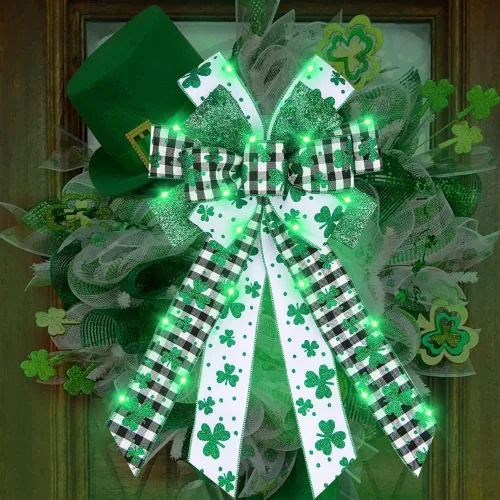 ALIBBON Arcos LED grandes para coronas, lazos de corona de San Patricio, lazos de trébol verde con purpurina para manualidades, decoración irlandesa