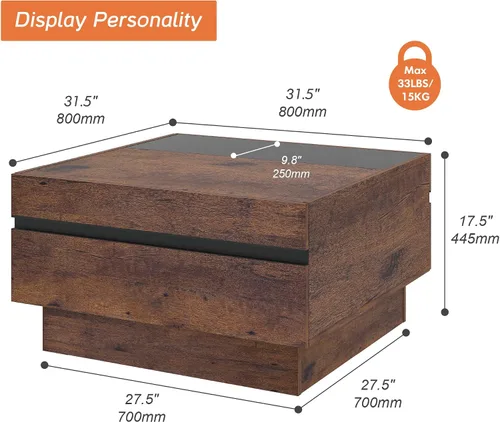 Miniatura 2 de WAMPAT Mesa de centro moderna, mesa de centro cuadrada para sala de estar con parte superior de vidrio templado y dos grandes cajones