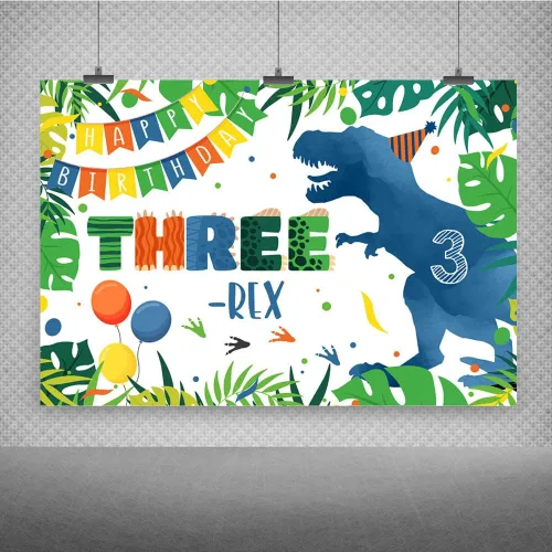 Miniatura 5 de Telón de fondo de tercer cumpleaños de dinosaurio azul de 5 x 3 pies, dibujos animados de tres rex, hojas de palma verdes, fondo de fotografía