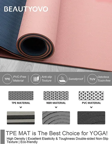 Miniatura 4 de Tapete de yoga con correa, 1/3 pulgadas extra gruesa, de doble cara, antideslizante, tapetes profesionales de TPE para mujeres y hombres, tapete