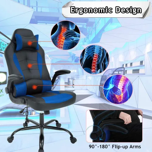 Miniatura 7 de Silla ergonómica de oficina para juegos, silla ejecutiva de computadora con respaldo alto con soporte lumbar y brazos abatibles, silla giratoria Azul