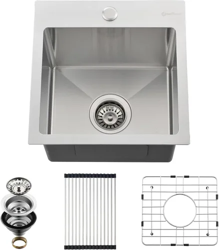 Fregadero de cocina de montaje superior, 38 x 38 x 25 cm, calibre 16, fregadero de barra húmeda de un solo tazón, T-304 de acero inoxidable,