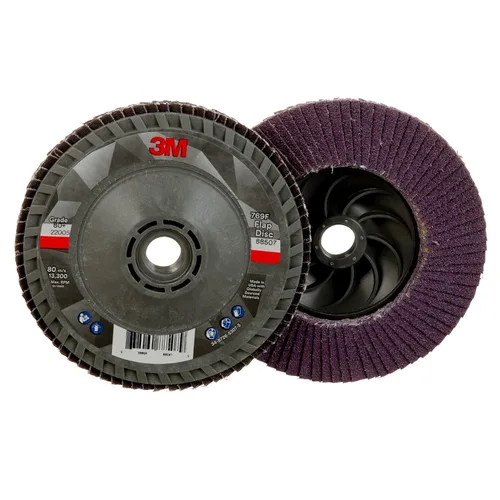Miniatura 30 de 3M Disco de Solapa 769F, Tipo 27, 80+, 4-1/2 in x 7/8 in, Abrasivo de Alto Rendimiento, Disco de Rectificado y Acabado de Grano Cerámico