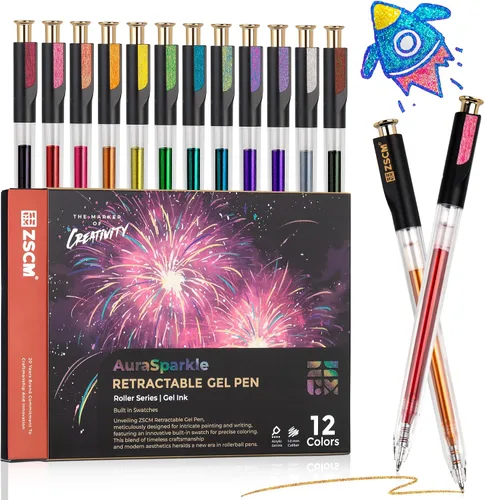 ZSCM Bolígrafos de gel retráctiles con purpurina superbrillante, 12 colores de gran capacidad, bolígrafos de tinta de gel con brillo metálico de