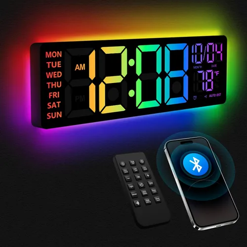 Reloj de pared digital de 16 pulgadas con luz nocturna, reloj digital con control remoto de cambio de colores RGB, alarma doble, atenuador, DST Negro