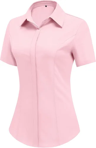 Miniatura 15 de HOTOUCH Camisas de manga corta con botones para mujer, blusa con cuello ajustado, blusa básica de verano para oficina, tallas S-2XL