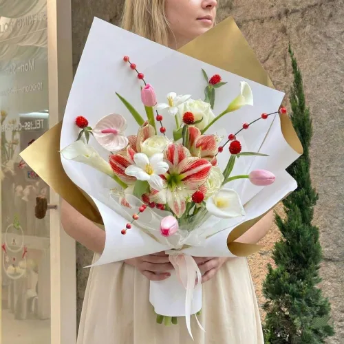 Miniatura 3 de BBJ WRAPS Papel de regalo de ramo de flores doradas, papel de regalo de flores impermeable, envolturas florales coreanas para arreglos florales