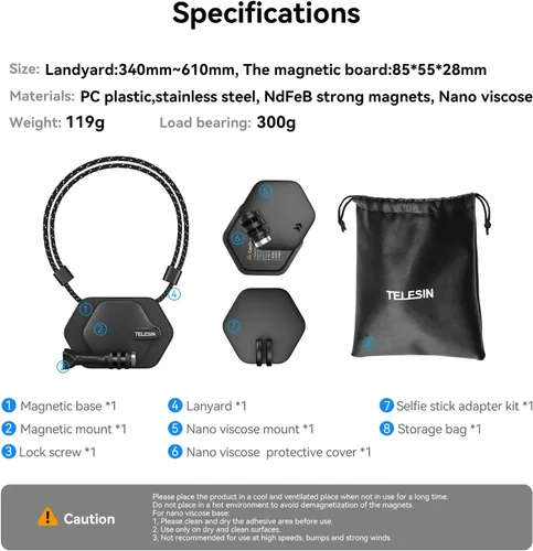 Miniatura 6 de TELESIN Soporte magnético en el pecho con soporte para correa para el cuello + base magnética de liberación rápida para GoPro 12 11 10 Insta360 X3