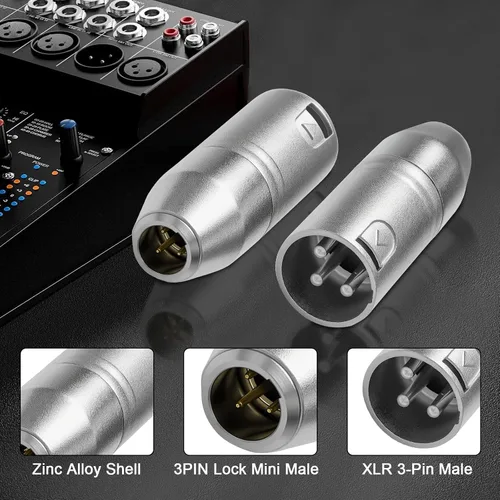 Miniatura 3 de Paquete de 5 mini conectores XLR de 3 pines, micrófono adaptador macho de 3 pines a XLR macho de 3 pines, conector de audio de micrófono de aleación