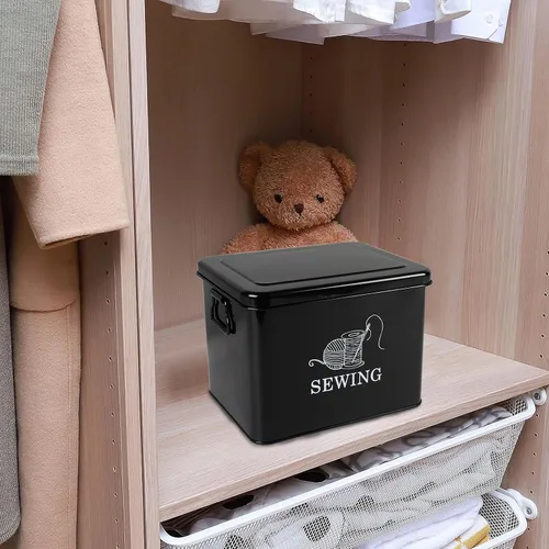 Miniatura 5 de Cesta de costura de metal de 2 niveles con bandeja extraíble, organiza suministros de costura, tijeras, hilo, alfileres y clips con estilo (negro)