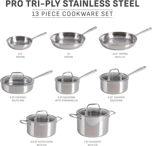 Miniatura 2 de T-Fal Pro - Juego de utensilios de cocina de acero inoxidable tricapa, 13 piezas, compatible con inducción, apto para horno hasta 500F, tapas aptas