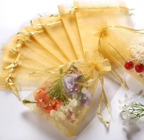 Miniatura 3 de Hopttreely 100 bolsas de regalo de organza dorada, 4 x 6 pulgadas, bolsas de malla de satén con cordón para dulces y regalos, bolsitas para joyas