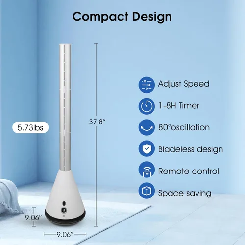 Miniatura 5 de Ventilador de torre sin aspas con control remoto, ventilador de circulación de aire oscilante de 80°, 9 velocidades, temporizador de 8 horas