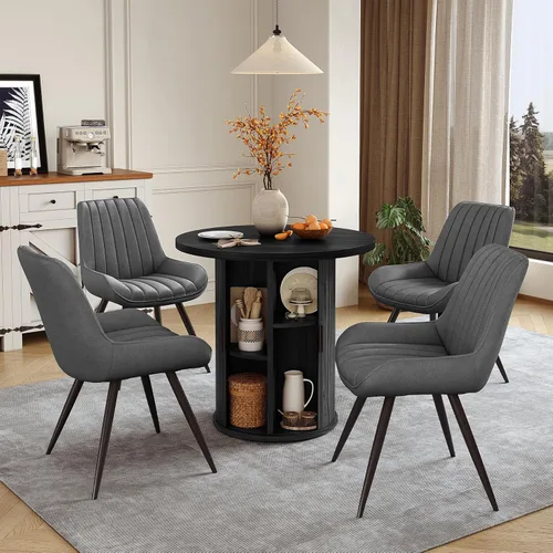 Miniatura 38 de Miereirl Juego de mesa y sillas de comedor moderno redondo, con una mesa de comedor de madera equipada con compartimentos de almacenamiento
