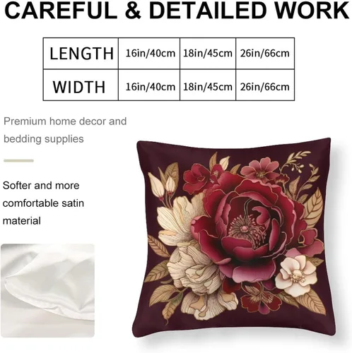 Miniatura 2 de Fundas de cojín de satén elegantes, decorativas florales burdeos, suaves y lujosas, elegantes fundas de almohada de terciopelo floral para sofá
