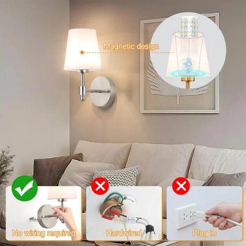 Miniatura 5 de Juego de 2 apliques de pared a pilas, luz de pared inalámbrica con bombilla magnética recargable RGB de 10000 mAh, aplique de pared recargable