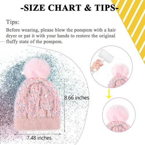 Miniatura 2 de Gorro de invierno para mujer, gorro de punto con piel sintética extraíble, pompón y lentejuelas