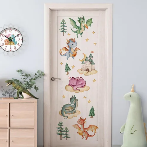 Miniatura 5 de Yovkky Adhesivos de pared de dragón bebé, calcomanías de castillo de acuarela, pino, nube, luna, estrellas, decoración neutra para vivero de niños
